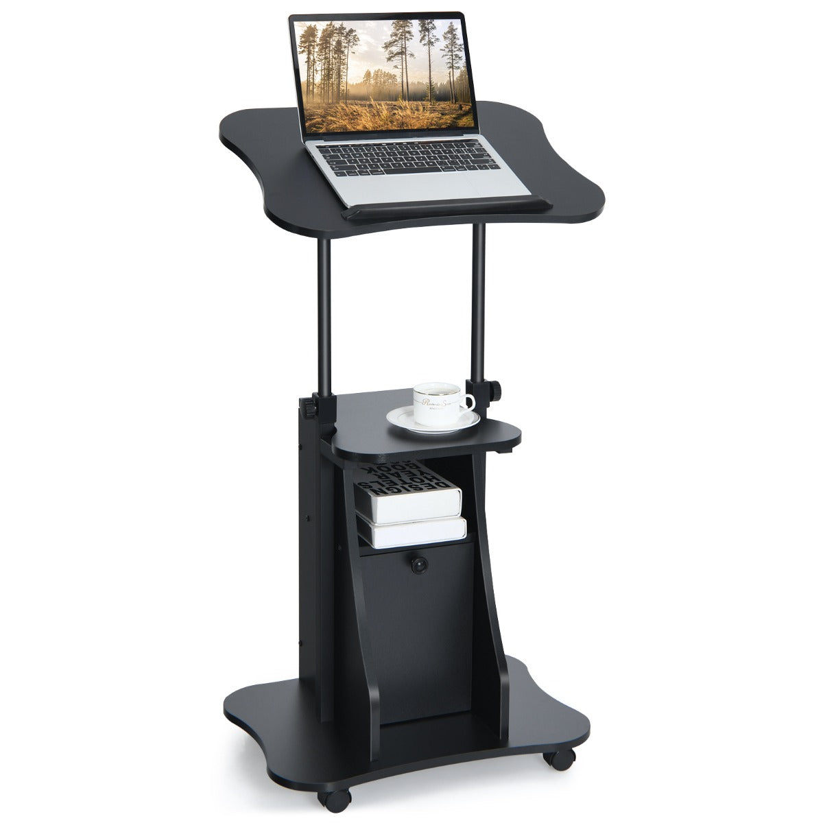 Laptoptisch, Laptopständer Höhenverstellbar, Laptoptisch mit Rollen, mit neigbarer Tischplatte und Ablagen, Costway, 1
