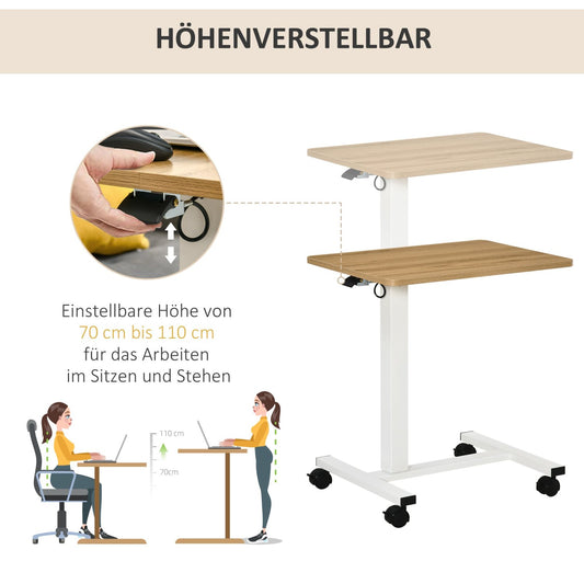 Laptoptisch, Höhenverstellbarer schreibtisch, mit Rollen, C-förmig, Platzsparend, 70-110 cm, bis 70 kg, Natur Weiß, HOMCOM, 3