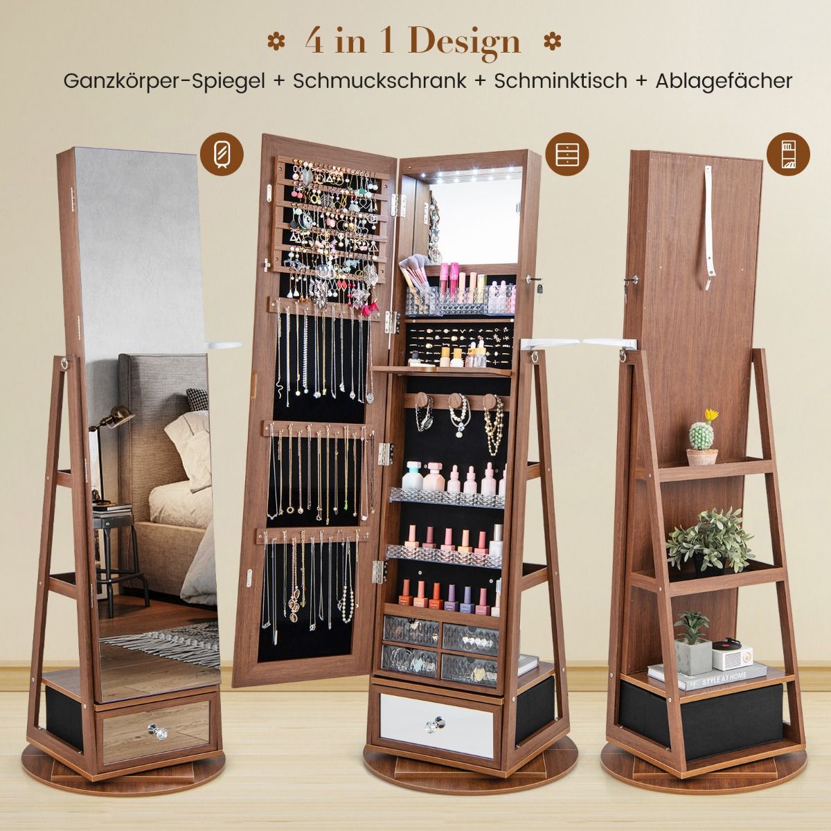 Schmuckschrank, Schmuckaufbewahrung, Schmuckschrank 360° drehbar Spiegelschrank mit Ganzkörperspiegel Braun, Costway, 8