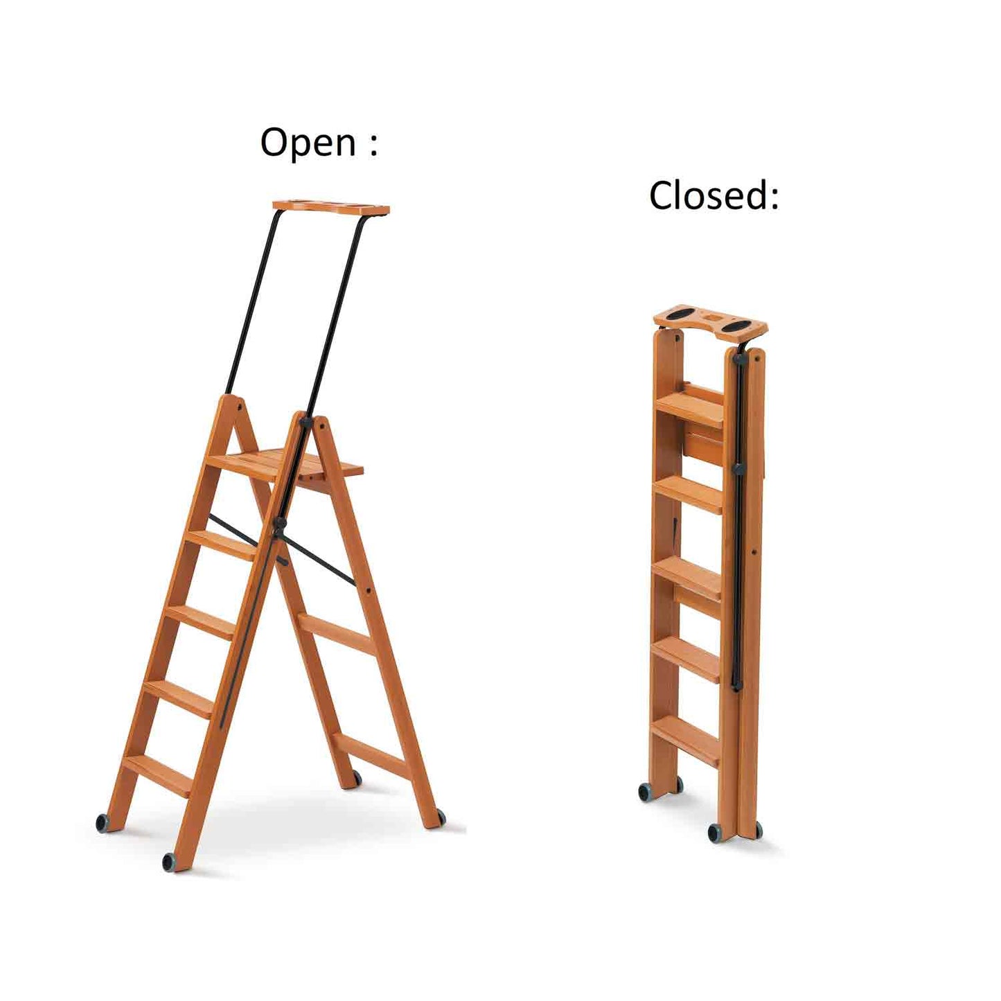 Trittleiter, Trittleiter 5 stufen, Trittleiter Holz, auf Rollen, rutschfeste Stufen, oberes Ablagefach, Tuscana 5, 3
