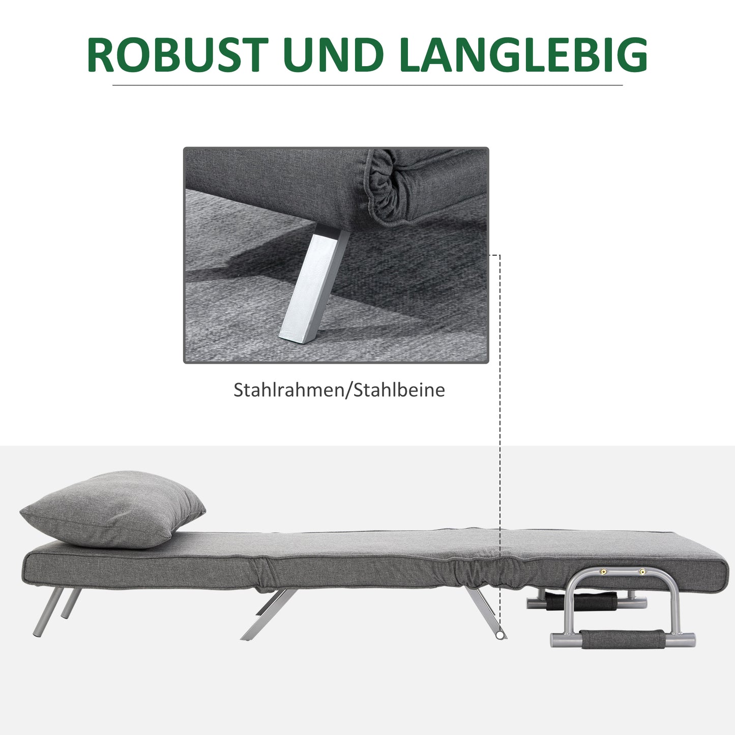 HOMCOM - Schlafsofa mit Armlehne 65x69x80cm  3-in-1 Schlafsessel, Gästebett, Chaiselongue, leinenartiges Polyester, Grau