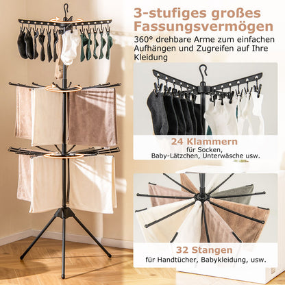 Wäscheständer Turm, 3-stufiger, Wäscheständer klappbar, Wäscheständer hoch 178cm, drehbare Arme, Schwarz, Costway, 4