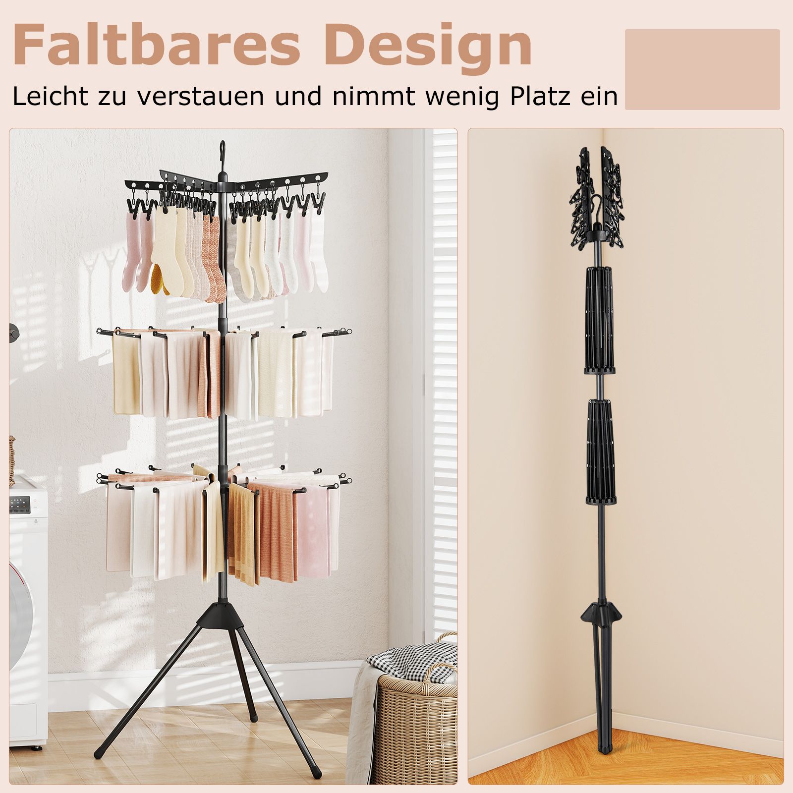 Wäscheständer Turm, 3-stufiger, Wäscheständer klappbar, Wäscheständer hoch 178cm, drehbare Arme, Schwarz, Costway, 7
