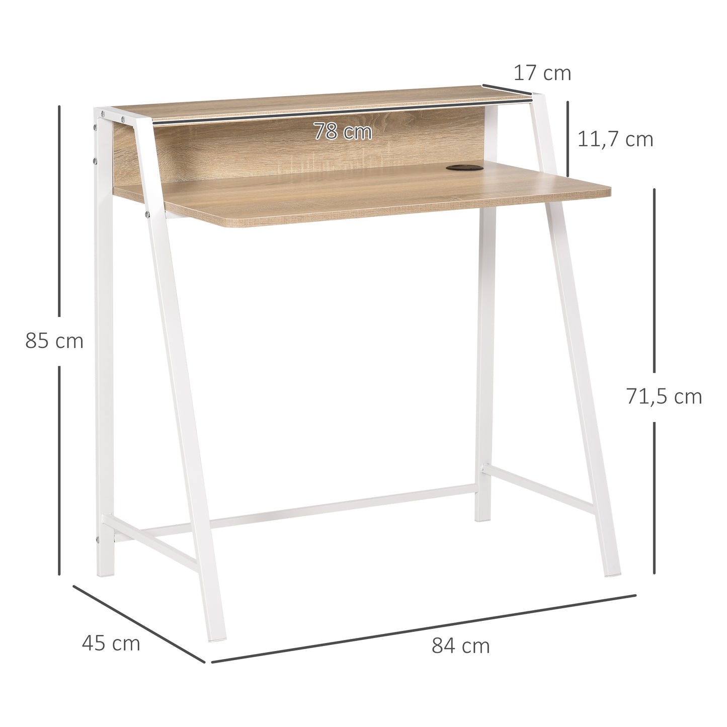 HOMCOM - Schreibtisch  Moderner Computertisch mit Ablagefach & Kabeldurchlass, Metallgestell, Weiß+Eiche, 84x45x85cm