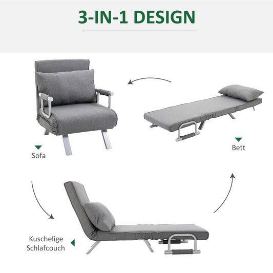 HOMCOM - Schlafsofa mit Armlehne 65x69x80cm  3-in-1 Schlafsessel, Gästebett, Chaiselongue, leinenartiges Polyester, Grau