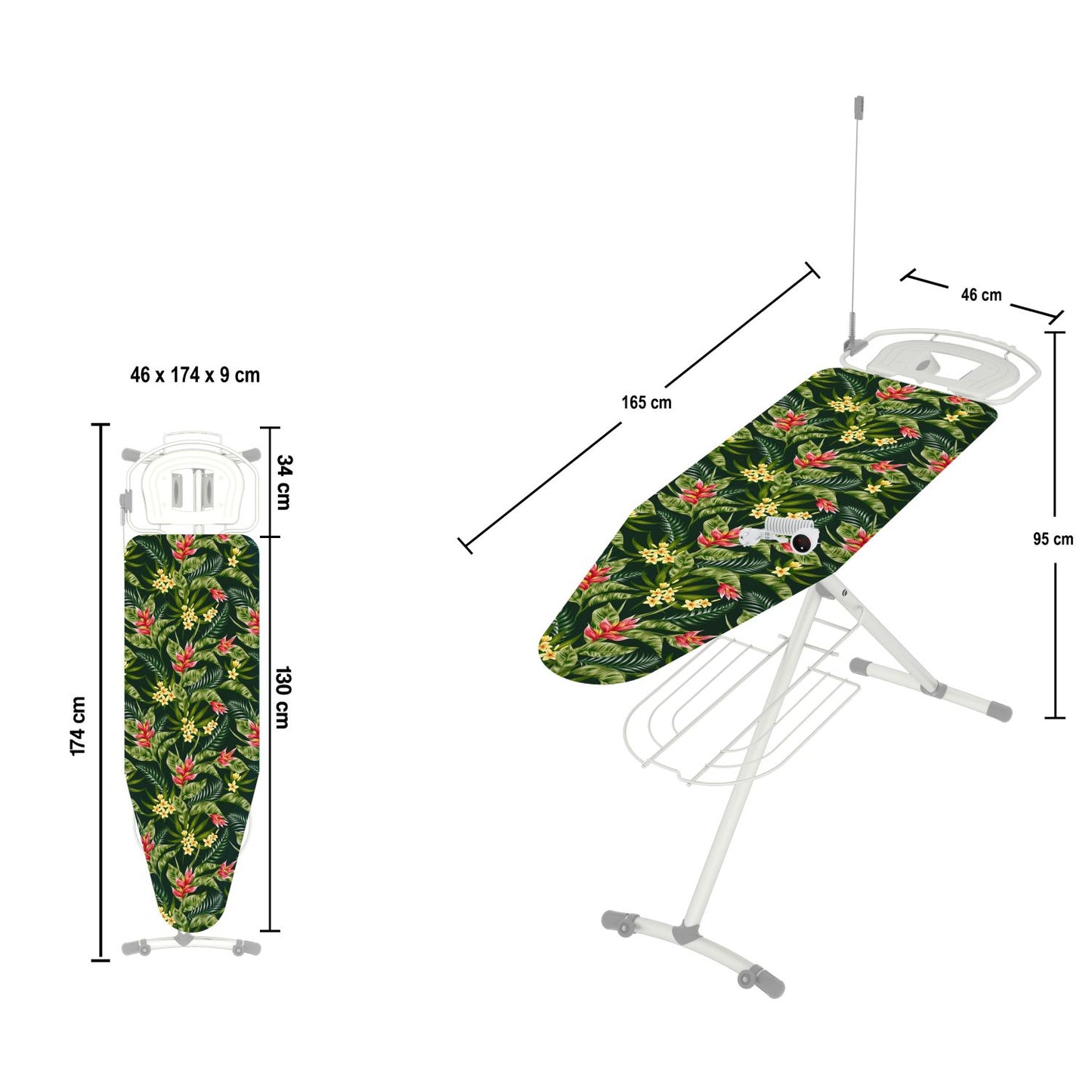 Bügelbrett, Bügeltisch, 130x44cm mit Rollen, Bügelbrett mit steckdose, Bügelbrett für dampfbügelstation, Bügelbrettbezug 100% Baumwolle, Colombo GIOVE, 2
