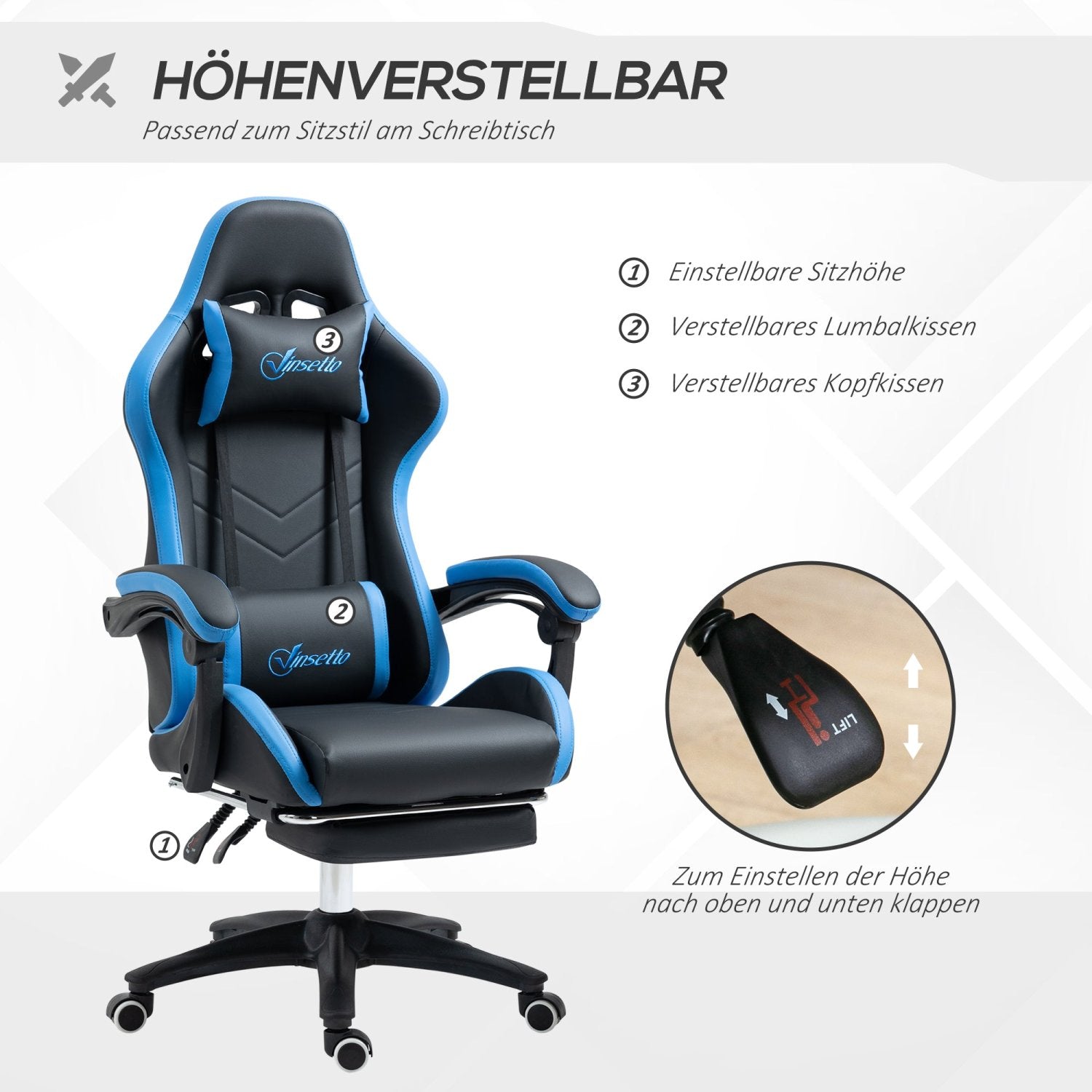 Bürostuhl, Ergonomischer Bürostuhl, Drehstuhl, Gamingstuhl, mit Lendenkissen, Kopfstütze, Blau, Vinsetto, 3