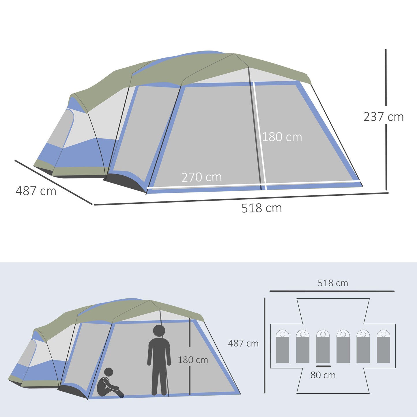 Camping Zelt, für 6-8 Personen, Stabile Zelt, Familienzelt mit Vorraum, 2 Fenster, Kuppelzelt, PU 3000mm, Outsunny, 3