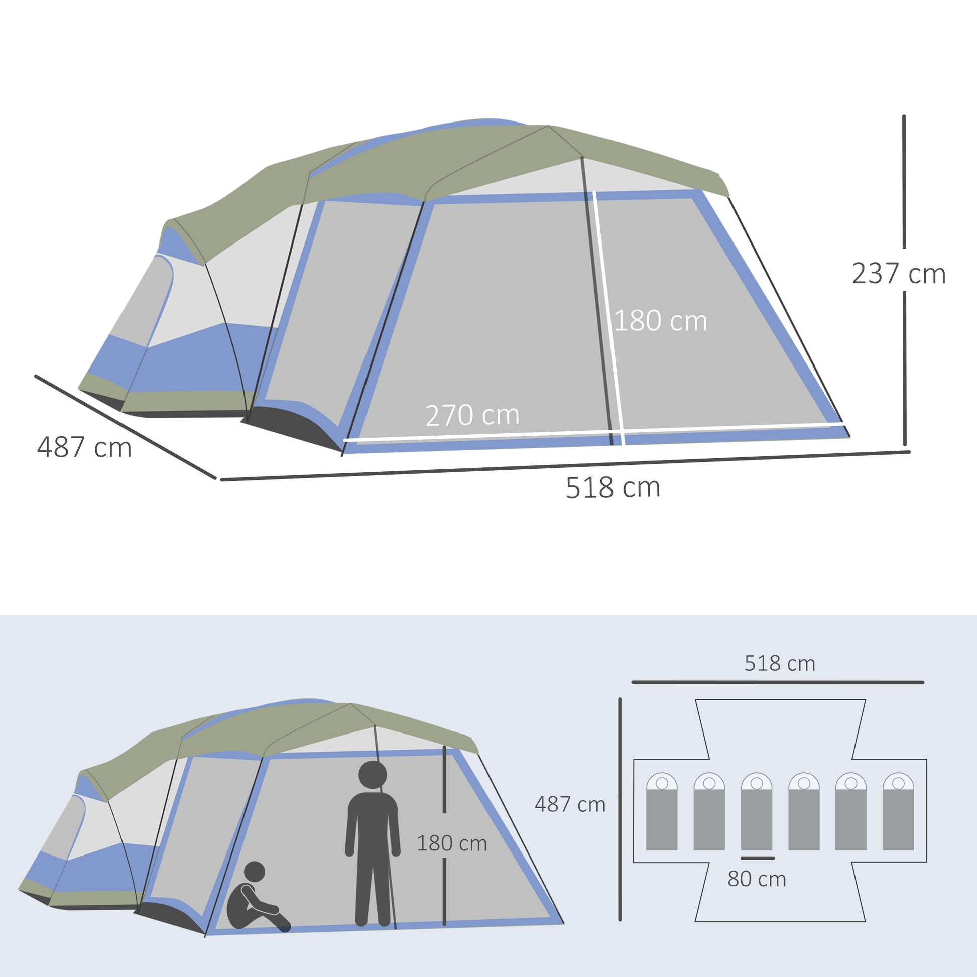 Camping Zelt, für 6-8 Personen, Stabile Zelt, Familienzelt mit Vorraum, 2 Fenster, Kuppelzelt, PU 3000mm, Outsunny, 3