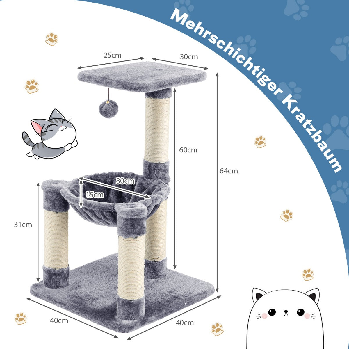 Katzenkratzbaum, Katzenkratzbaum, Mehrstöckiger Kratzbaum Weich Umwickelter Katzenbaum mit Gemütlicher Hängematte, Castway, 4