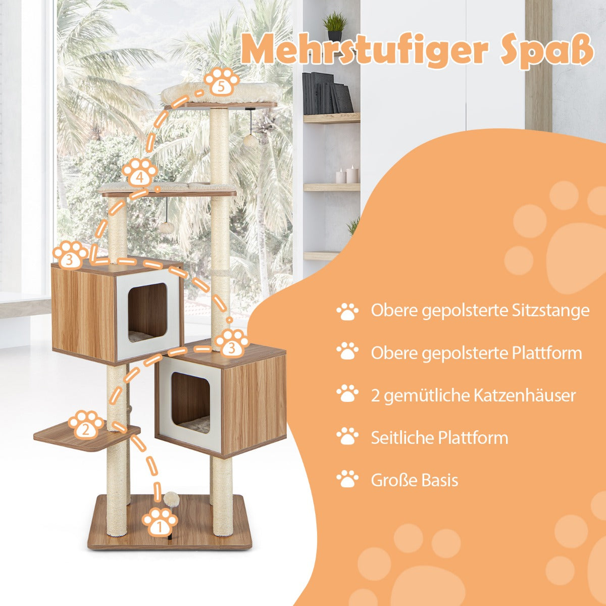 Kratzbaum für große katzen, Kratzbaum xxl, Katzenkratzbaum, 163 cm Hoher Kletterbaum Moderner aus Holz Natur, Castway, 4