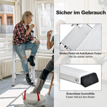 Trittleiter, Trittleiter 3 Stufen, Klappbarer Tritthocker aus Aluminium mit Rutschfesten Stufen, Silber, Castway, 5