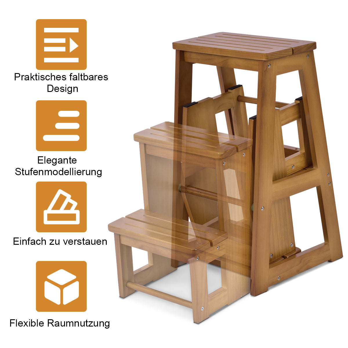 Trittleiter, Trittleiter 3 Stufen, Tritt Klappbar, Trittleiter Holz, Trittleiter Klappbar, Tritthocker, Holzleiter, Costway, 3