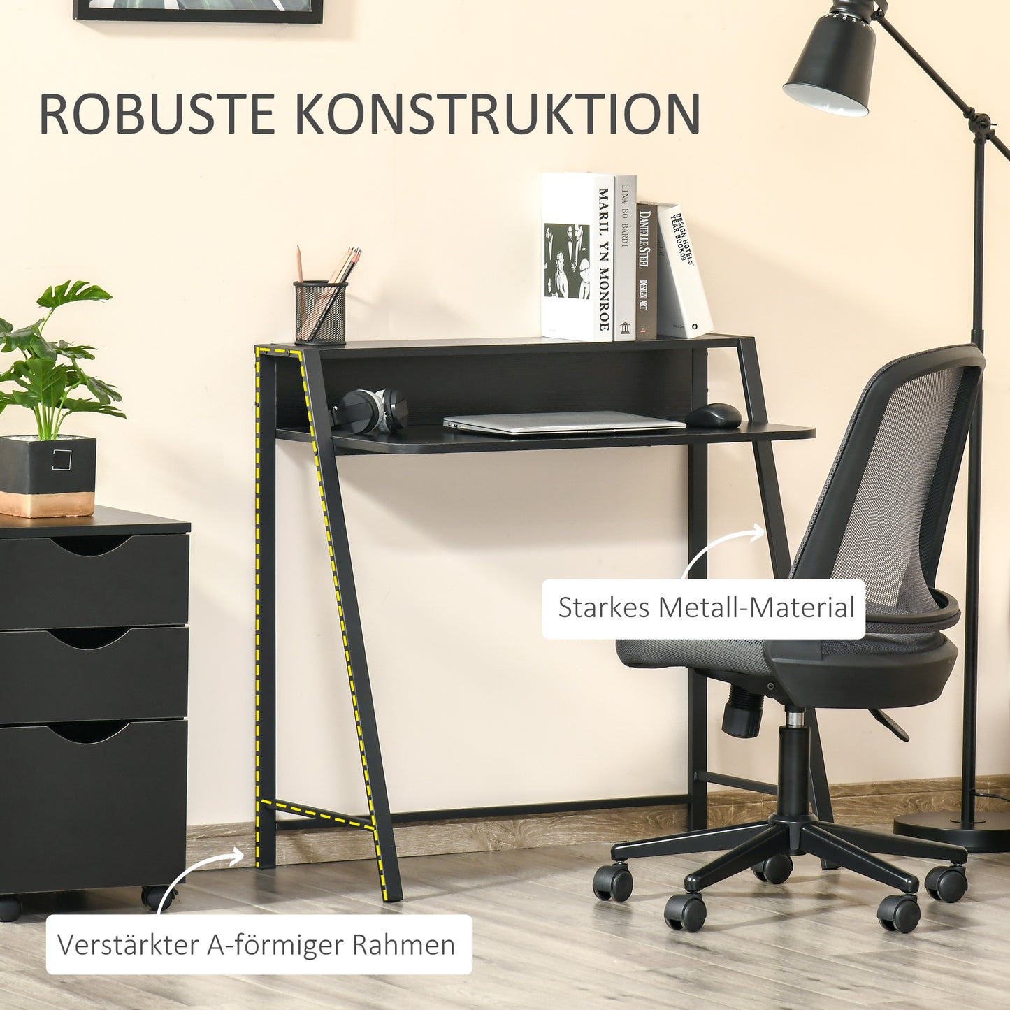 HOMCOM - Computertisch Stilvoller Schreibtisch mit Ablage & Kabelmanagement, Metall, Schwarz, 84x45x85cm