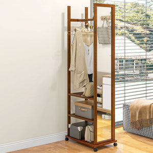 Standspiegel, Garderobe mit Spiegel, Kleiderständer Holz, Ganzkörperspiegel, Kleiderständer auf rollen, 3 Ebenen, Holz, HOMCOM