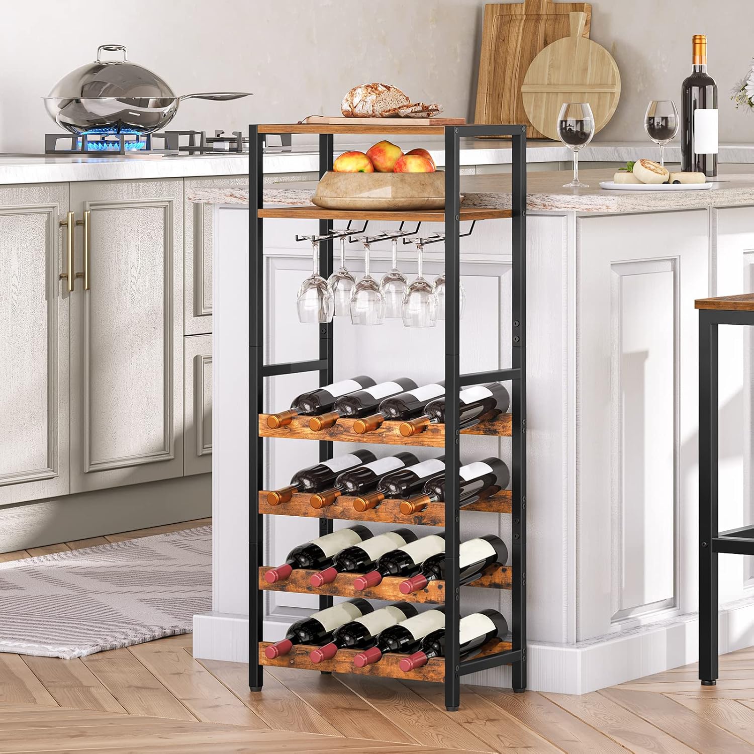 Weinregal, Flaschenregal, für 16 Flaschen, Weinständer, mit Tischplatte, Weinglashalter, Braun-schwarz, HOOBRO, 8