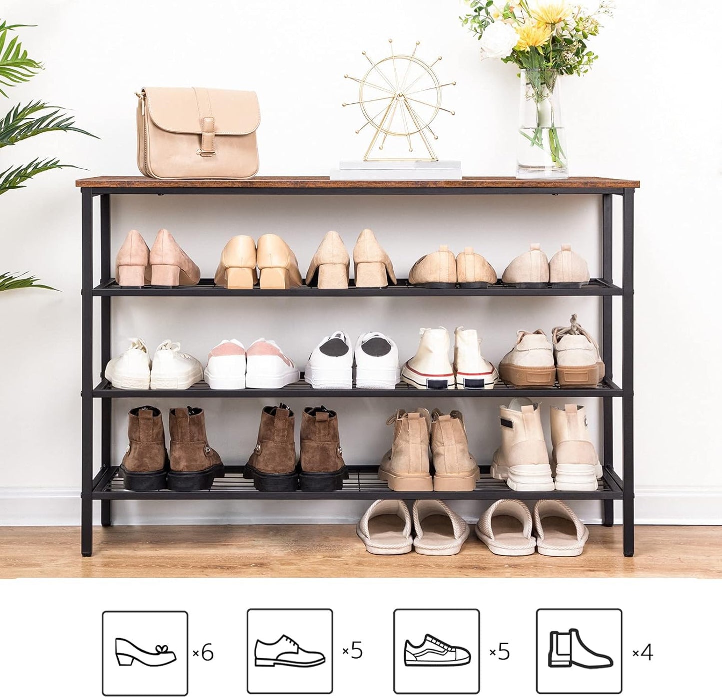 Schuhregal, 4 Ebenen, Schuhregal metall, mit Tischplatte und 3 Netzablage, Schuhregal Schmal, Braun-Schwarz, HOOBRO, 5