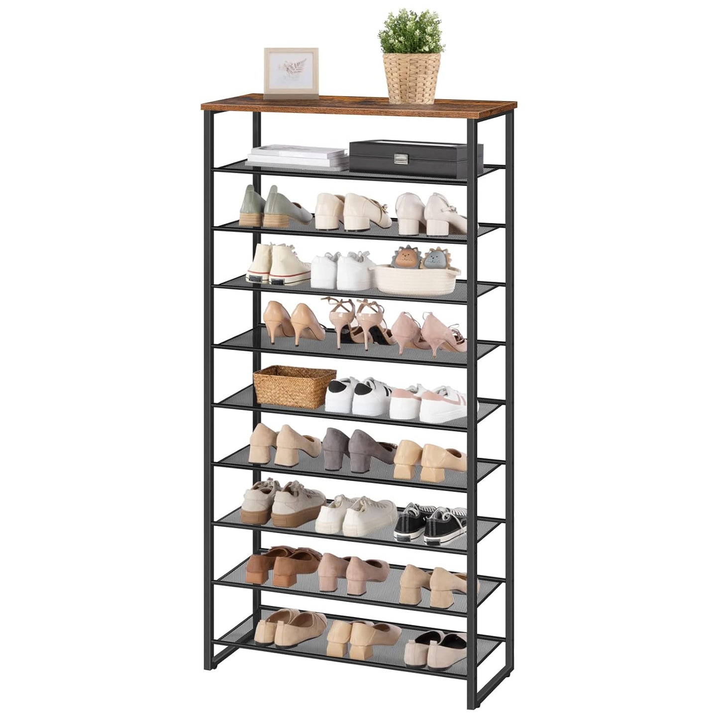 Schuhregal, 10 Ebenen, Schuhregal metall, 9 Netzablage für 32-40 Paar, Schuhregal Schmal Hoch, Braun-Schwarz, HOOBRO, 7