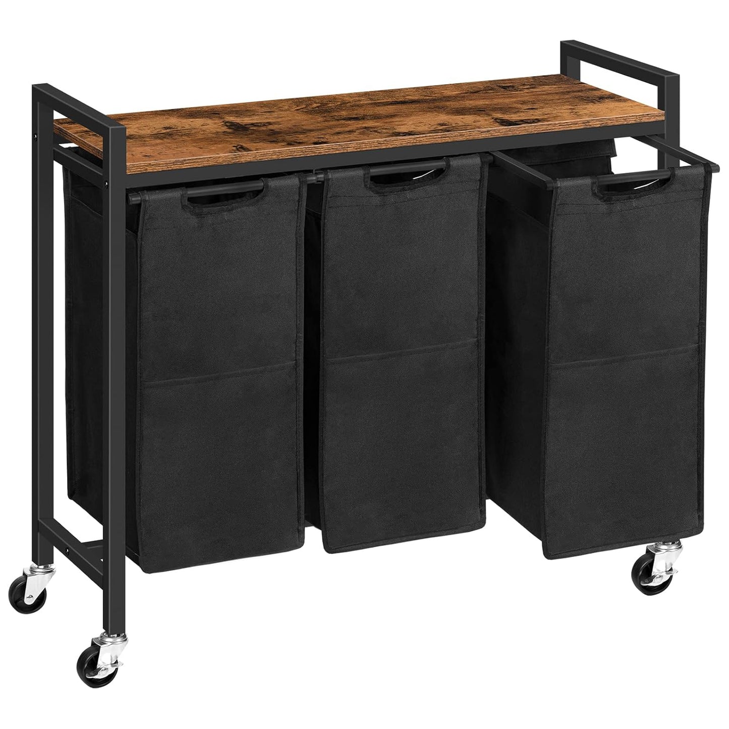 Wäschekorb 3 Fächer, Wäschesortierer, 3x39,8 L, Wäschekorb mit ablage, Wäschewagen mit rollen, Braun-Schwarz, HOOBRO, 7