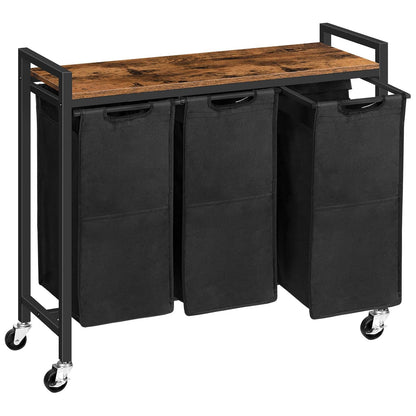 Wäschekorb 3 Fächer, Wäschesortierer, 3x39,8 L, Wäschekorb mit ablage, Wäschewagen mit rollen, Braun-Schwarz, HOOBRO, 7