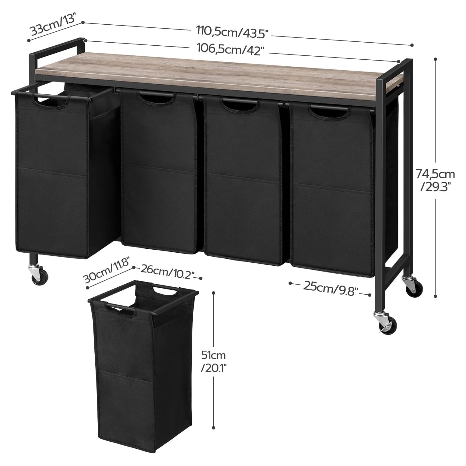 Wäschekorb 4 Fächer, Wäschesortierer, 4x39,8L, Wäschekorb mit ablage, Wäschewagen mit rollen, Greige-Schwarz, HOOBRO, 3