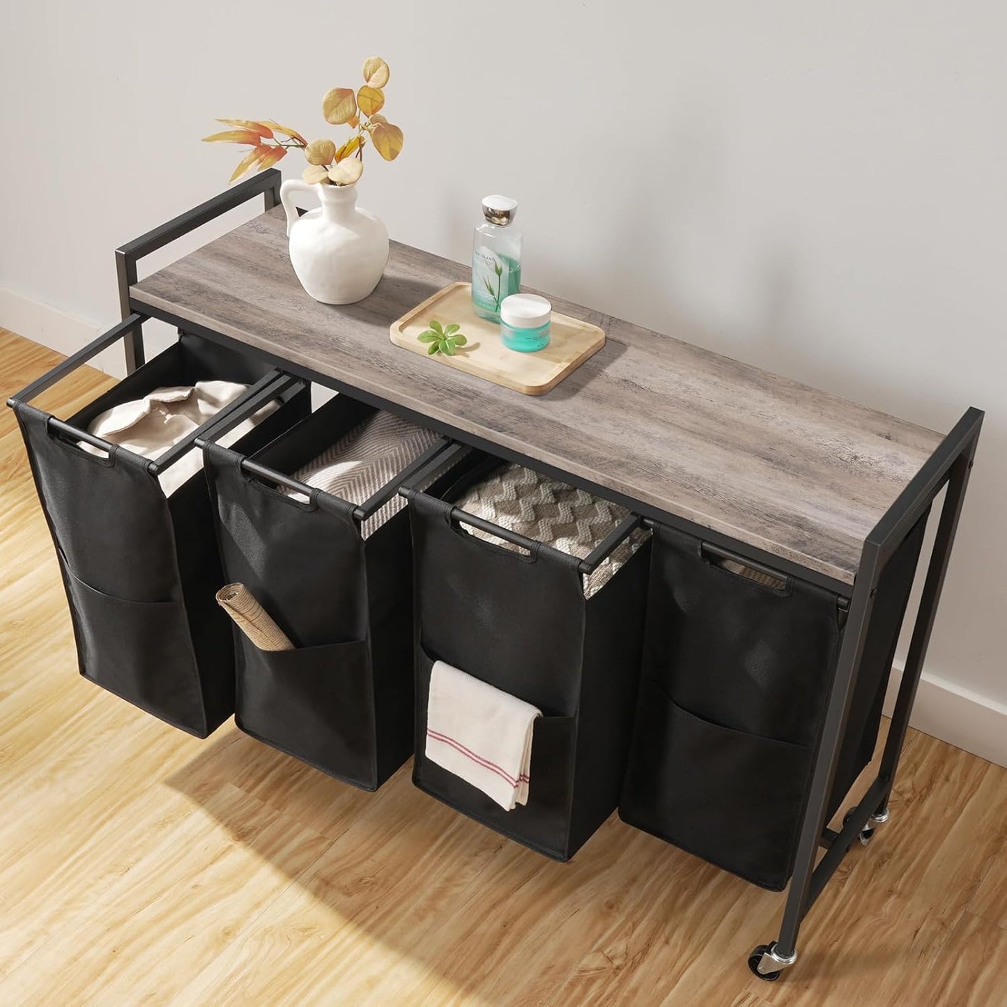 Wäschekorb 4 Fächer, Wäschesortierer, 4x39,8L, Wäschekorb mit ablage, Wäschewagen mit rollen, Greige-Schwarz, HOOBRO, 2
