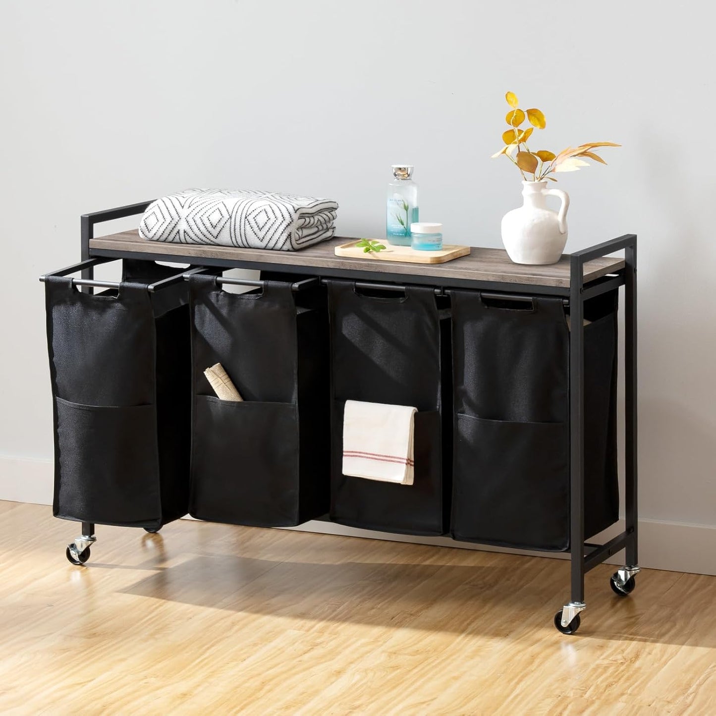Wäschekorb 4 Fächer, Wäschesortierer, 4x39,8L, Wäschekorb mit ablage, Wäschewagen mit rollen, Greige-Schwarz, HOOBRO, 7