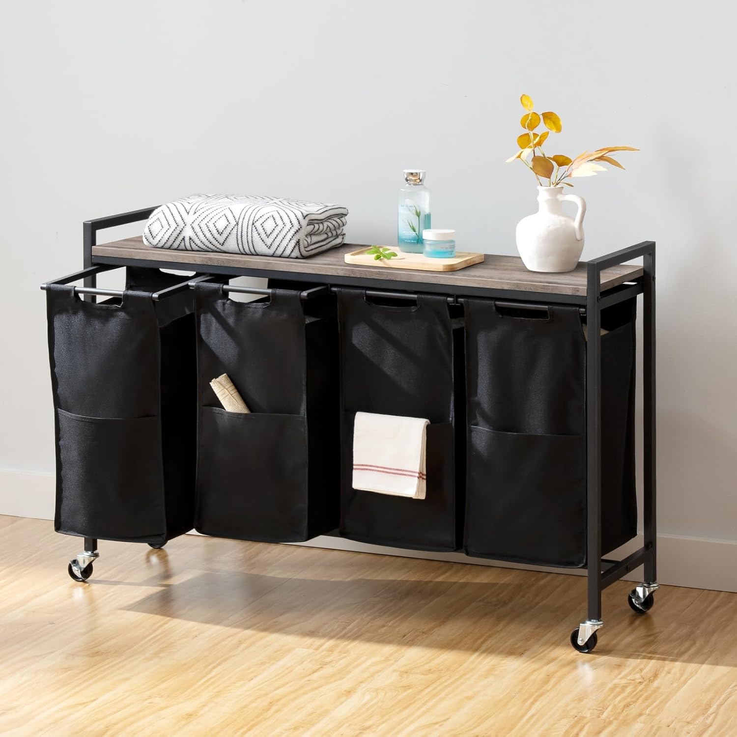Wäschekorb 4 Fächer, Wäschesortierer, 4x39,8L, Wäschekorb mit ablage, Wäschewagen mit rollen, Greige-Schwarz, HOOBRO, 7