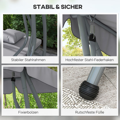 Hollywoodschaukel, 3-Sitzer, Belastung 340kg, mit Liegefunktion, verstellbarem Dach, klappbarem Beistelltisch, Outsunny, 6