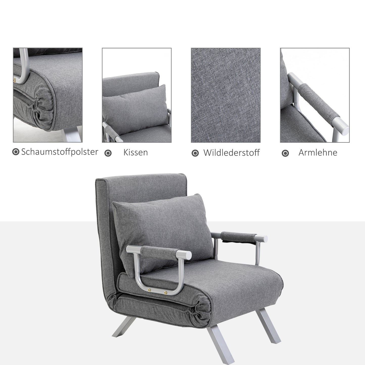 HOMCOM - Schlafsofa mit Armlehne 65x69x80cm  3-in-1 Schlafsessel, Gästebett, Chaiselongue, leinenartiges Polyester, Grau