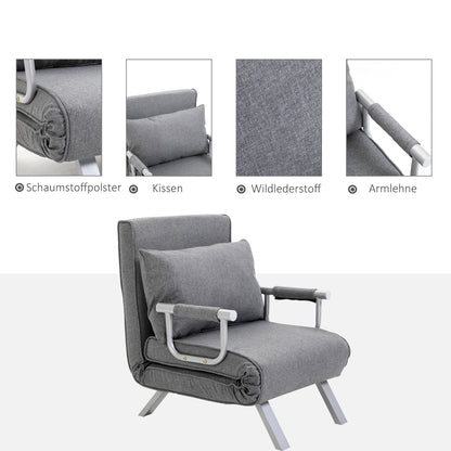 HOMCOM - Schlafsofa mit Armlehne 65x69x80cm  3-in-1 Schlafsessel, Gästebett, Chaiselongue, leinenartiges Polyester, Grau