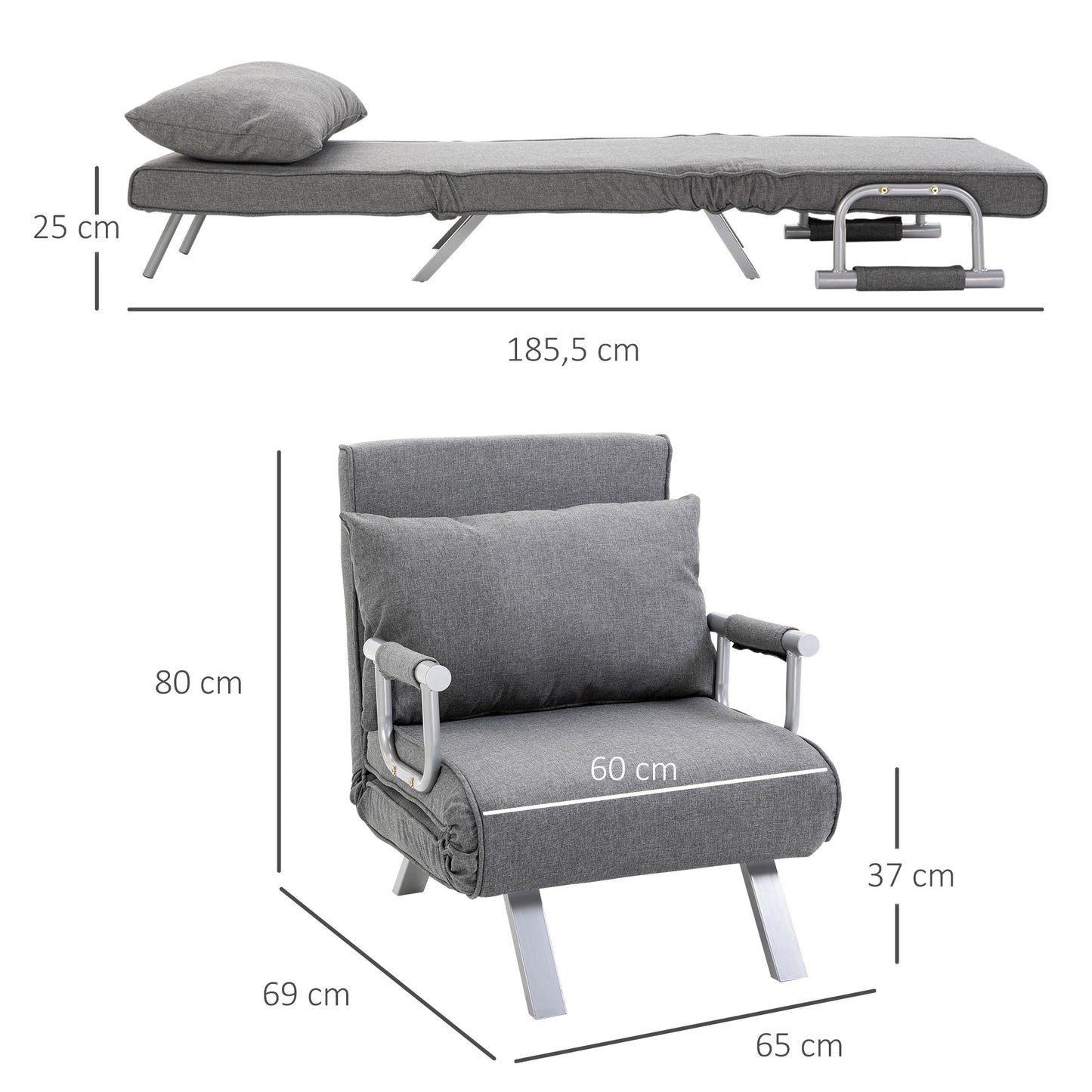 HOMCOM - Schlafsofa mit Armlehne 65x69x80cm  3-in-1 Schlafsessel, Gästebett, Chaiselongue, leinenartiges Polyester, Grau