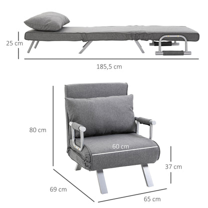 HOMCOM - Schlafsofa mit Armlehne 65x69x80cm  3-in-1 Schlafsessel, Gästebett, Chaiselongue, leinenartiges Polyester, Grau