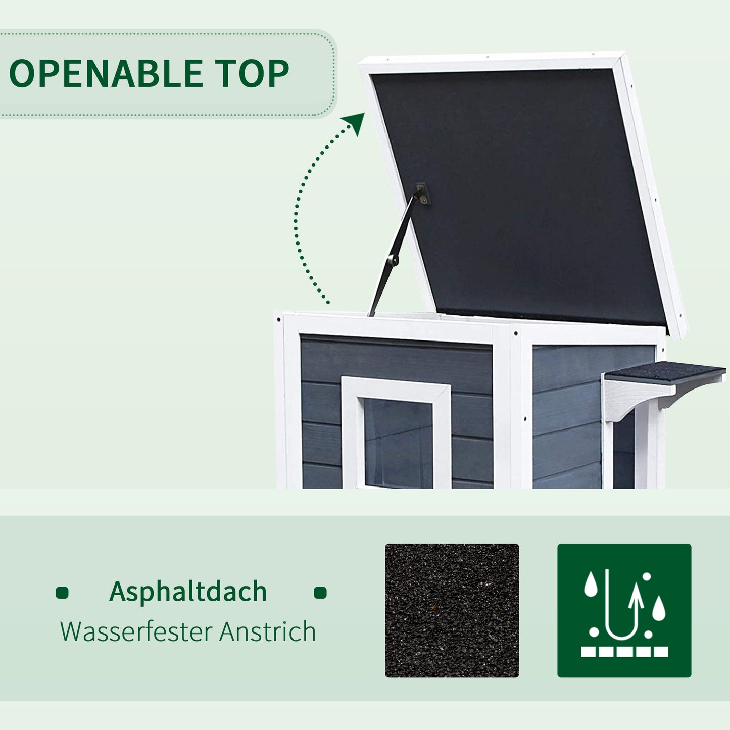 Katzenhaus, 2 Etagen Katzenvilla mit Treppen, Asphaltdach & Fenster, Tannenholz, 51x51x81,3cm, Grau, PawHut, 4