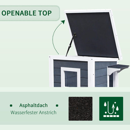 Katzenhaus, 2 Etagen Katzenvilla mit Treppen, Asphaltdach & Fenster, Tannenholz, 51x51x81,3cm, Grau, PawHut, 4
