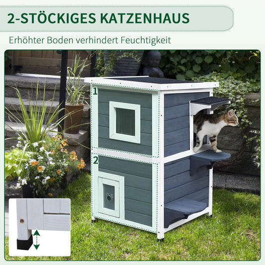 Katzenhaus, 2 Etagen Katzenvilla mit Treppen, Asphaltdach & Fenster, Tannenholz, 51x51x81,3cm, Grau, PawHut, 5