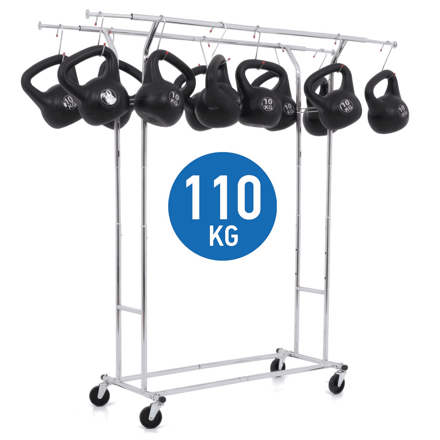 Tatkraft Denver & Safe - Schwerlast Kleiderständer mit Abdeckung, bis 110 Kg, Schwerlast Faltschrank auf Rollen, mit 2 Kleiderstangen, Verchromt Stahl