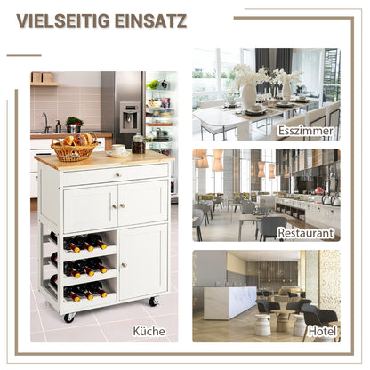 Kücheninsel, Küchenwagen mit arbeitsplatte, Küchenwagen holz, Servierwagen Küchentrolley mit 3 Weinregalen, Weiß, Costway, 2