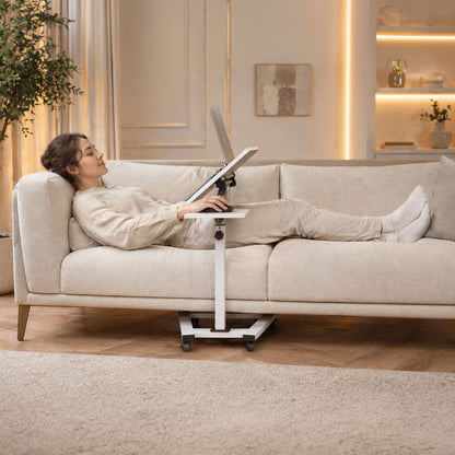 Tatkraft Like Laptoptisch höhenverstellbar, 70–99,5 cm, mit Rollen und Mausablage, Laptoptisch für Sofa, Bett, Tischplatte bis 160° neigbar, weiß