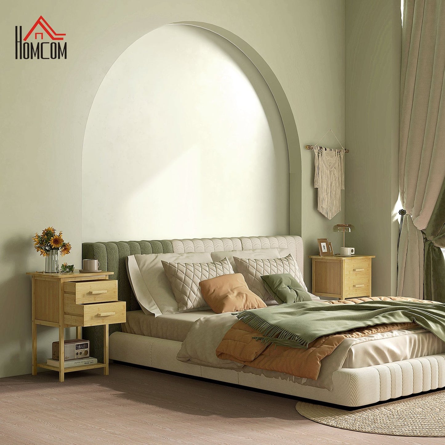 Nachttisch, 2er Set, Nachtschrank, Nachtkommode, mit 2 Schubladen, Ablage, Griff, Nachtkästchen, Beistelltisch, Natur, HOMCOM, 1