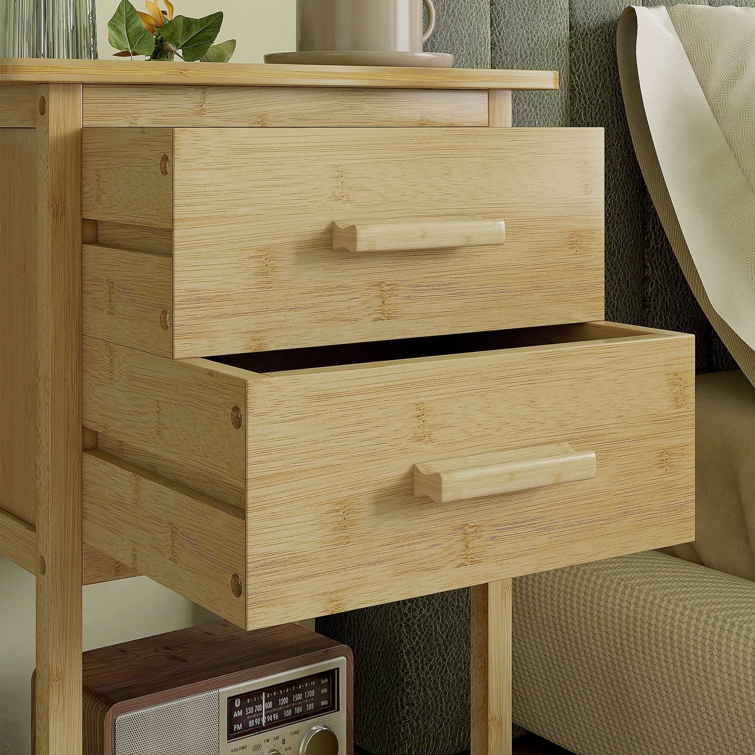 Nachttisch, 2er Set, Nachtschrank, Nachtkommode, mit 2 Schubladen, Ablage, Griff, Nachtkästchen, Beistelltisch, Natur, HOMCOM, 3