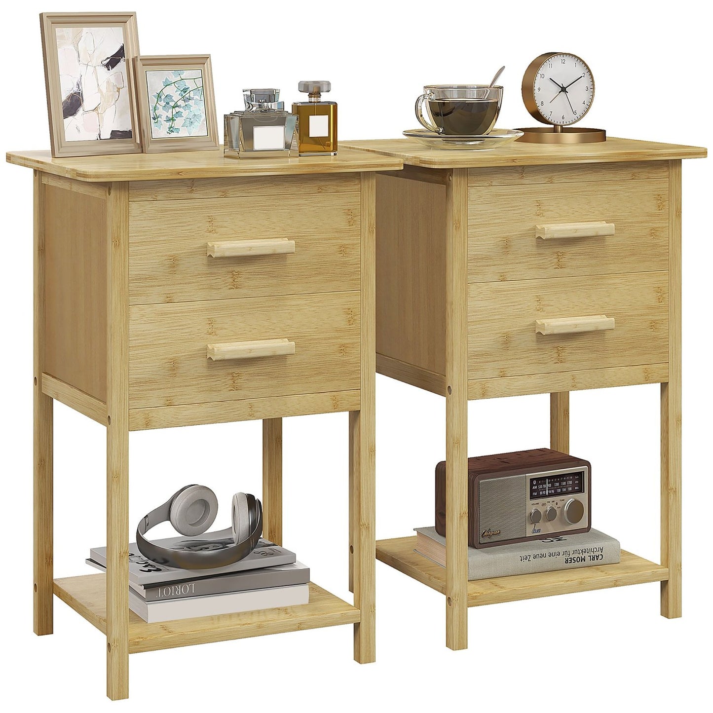 Nachttisch, 2er Set, Nachtschrank, Nachtkommode, mit 2 Schubladen, Ablage, Griff, Nachtkästchen, Beistelltisch, Natur, HOMCOM, 5