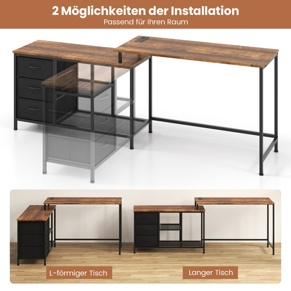 PC Tisch, 2-in-1 PC Tisch, verwandelbarer Eckschreibtisch oder 205 cm Computertisch, mit Steckdose, Costway, pc tisch kaufen, 3