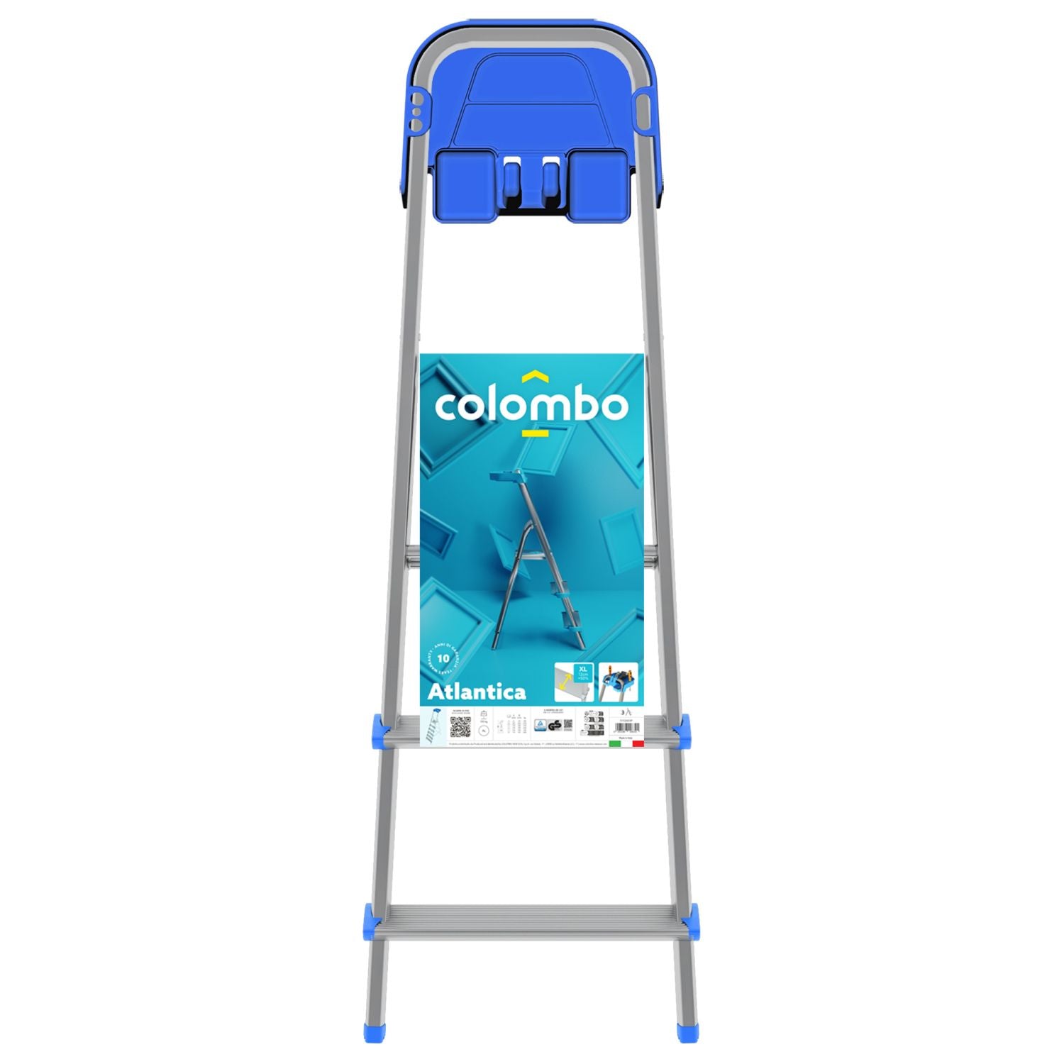 Trittleiter 3 Stufen, Klappleiter Alu, Extragroßer Stufe 12cm, Stufenleiter, mit Ablageschale, Max. Belastbar 150kg, Aluminium, Colombo ATLANTICA - Trittleiter 3 Stufen, 7