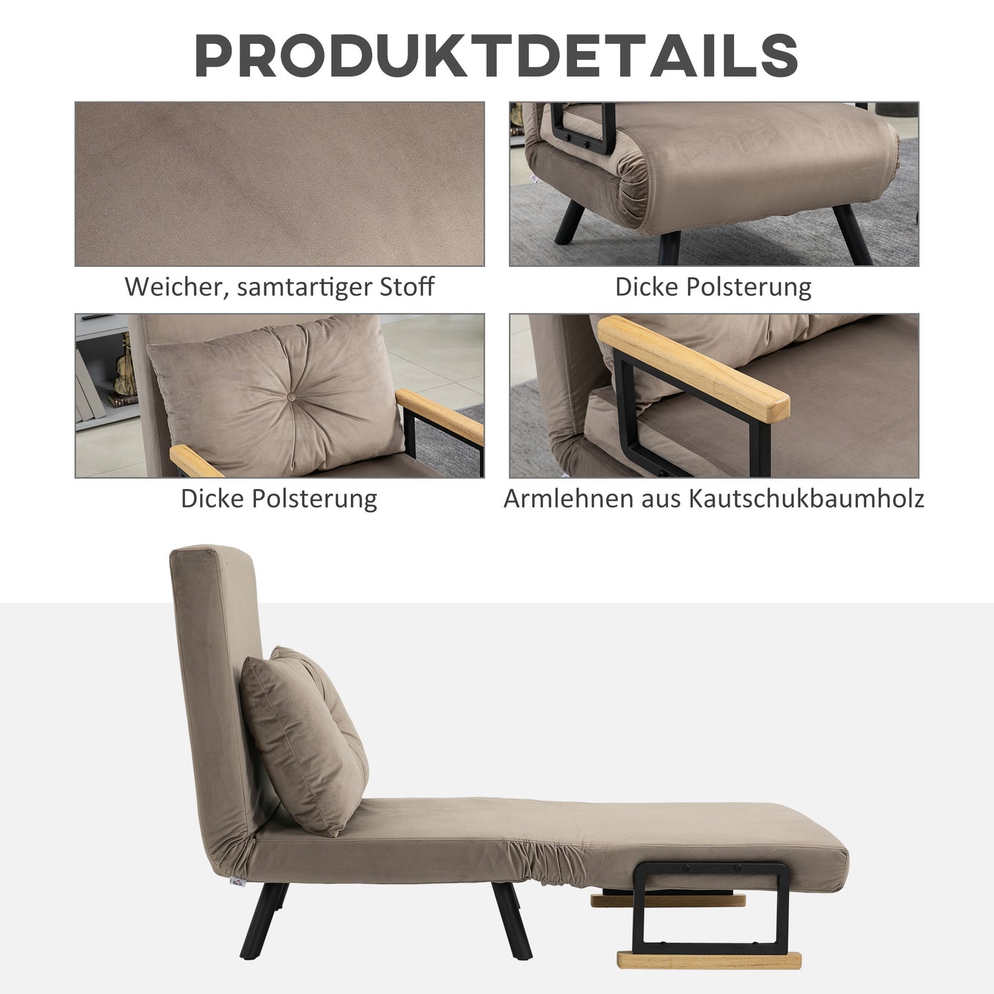 Schlafsessel mit Bettfunktion, mit fünffach verstellbarer Rückenlehne, platzsparend, robust, Samtoptik, Hellbraun, HOMCOM, 6