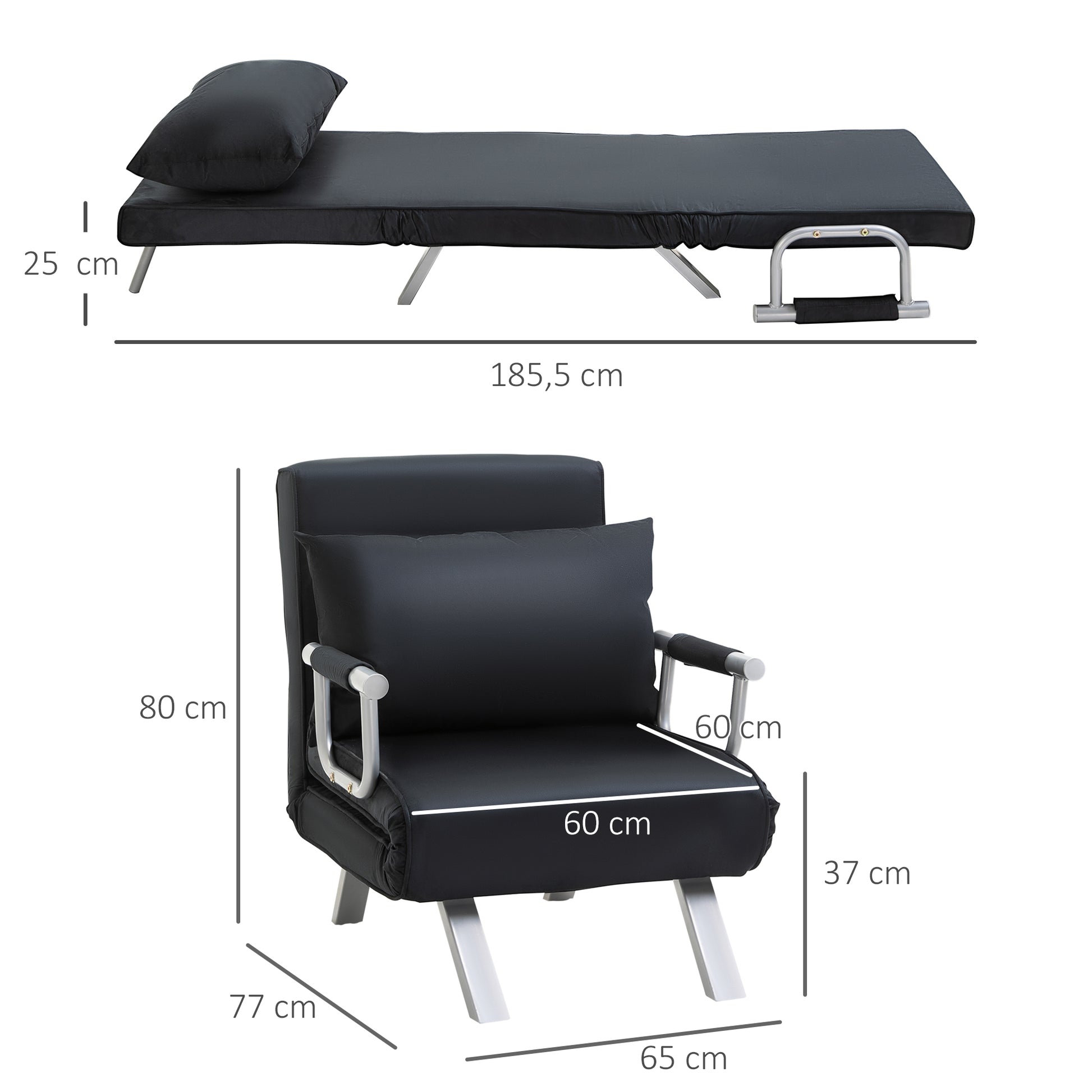 Schlafsofa, 2-in-1, mit verstellbarer Rückenlehne, abnehmbarem Bezug, Kissen, rostfrei, stabil, Polyester, Schwarz, HOMCOM, 3
