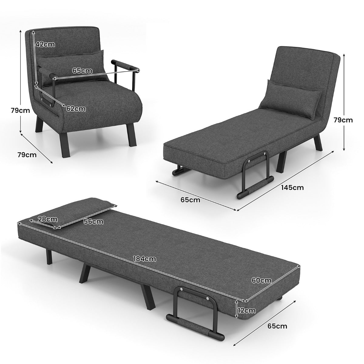 Schlafsofa, Sessel mit Schlaffunktion, Bettsessel, Schlafsessel Klappbares, Verstellbares Sofabett,  Costway, 3