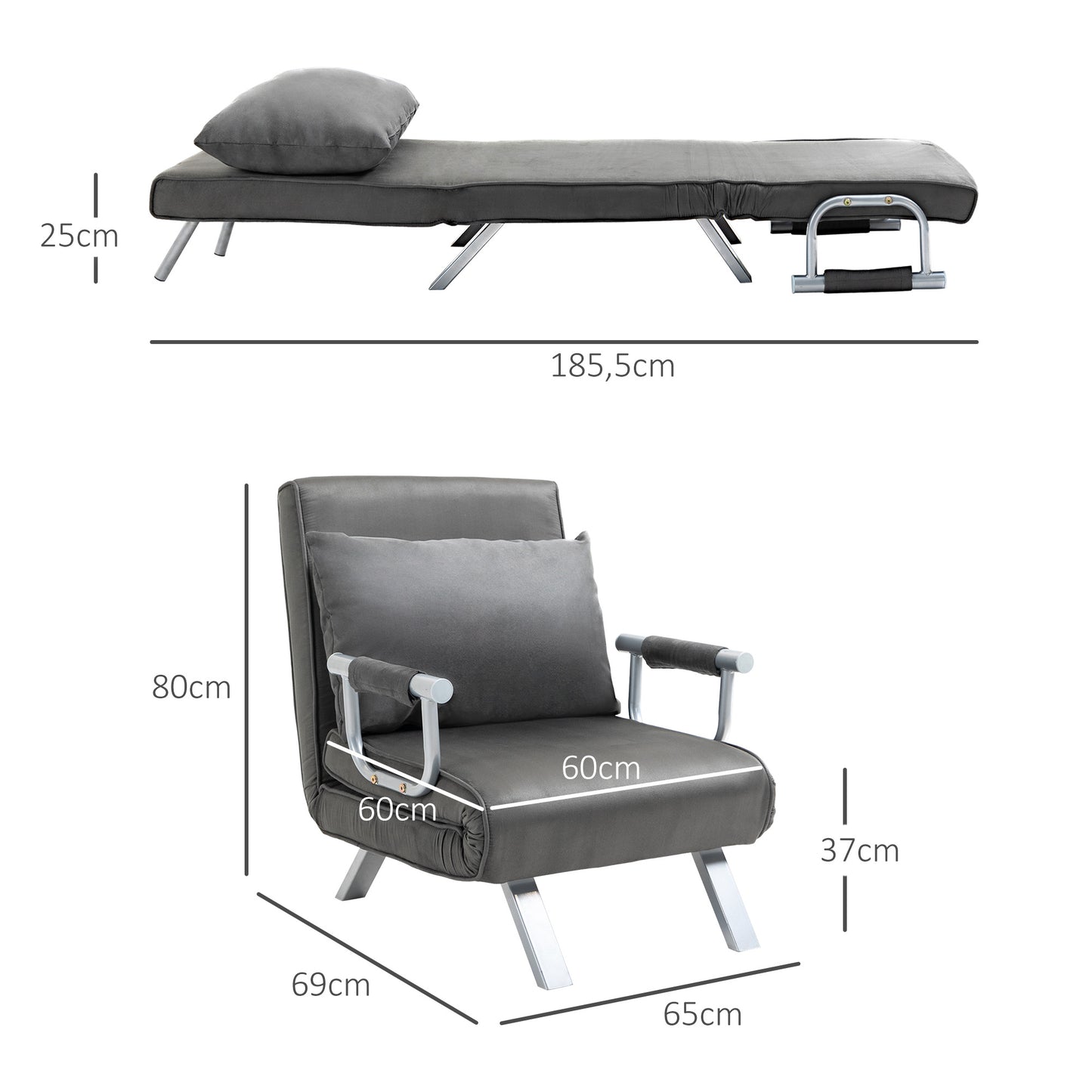 Schlafsofa mit Armlehne, 65x69x80cm, 3-in-1 Schlafsessel, Gästebett, Klappmatratze, Chaiselongue, Kunstleder, Grau, HOMCOM, 2