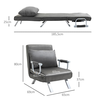 Schlafsofa mit Armlehne, 65x69x80cm, 3-in-1 Schlafsessel, Gästebett, Klappmatratze, Chaiselongue, Kunstleder, Grau, HOMCOM, 2