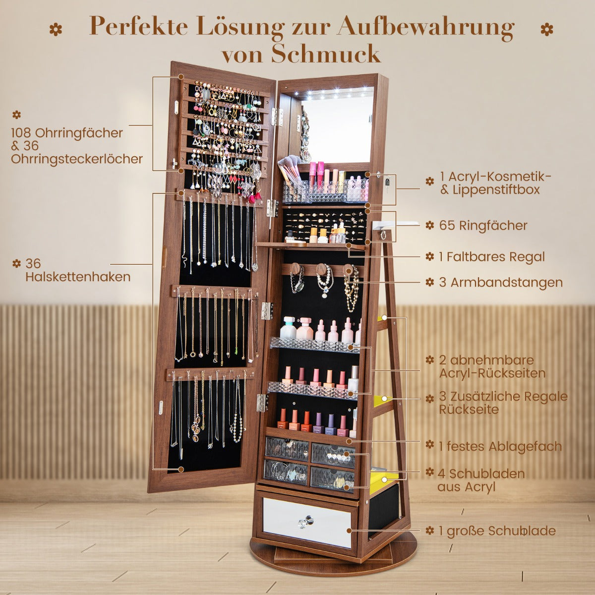 Schmuckschrank, Schmuckaufbewahrung, Schmuckschrank 360° drehbar Spiegelschrank mit Ganzkörperspiegel Braun, Costway, 1